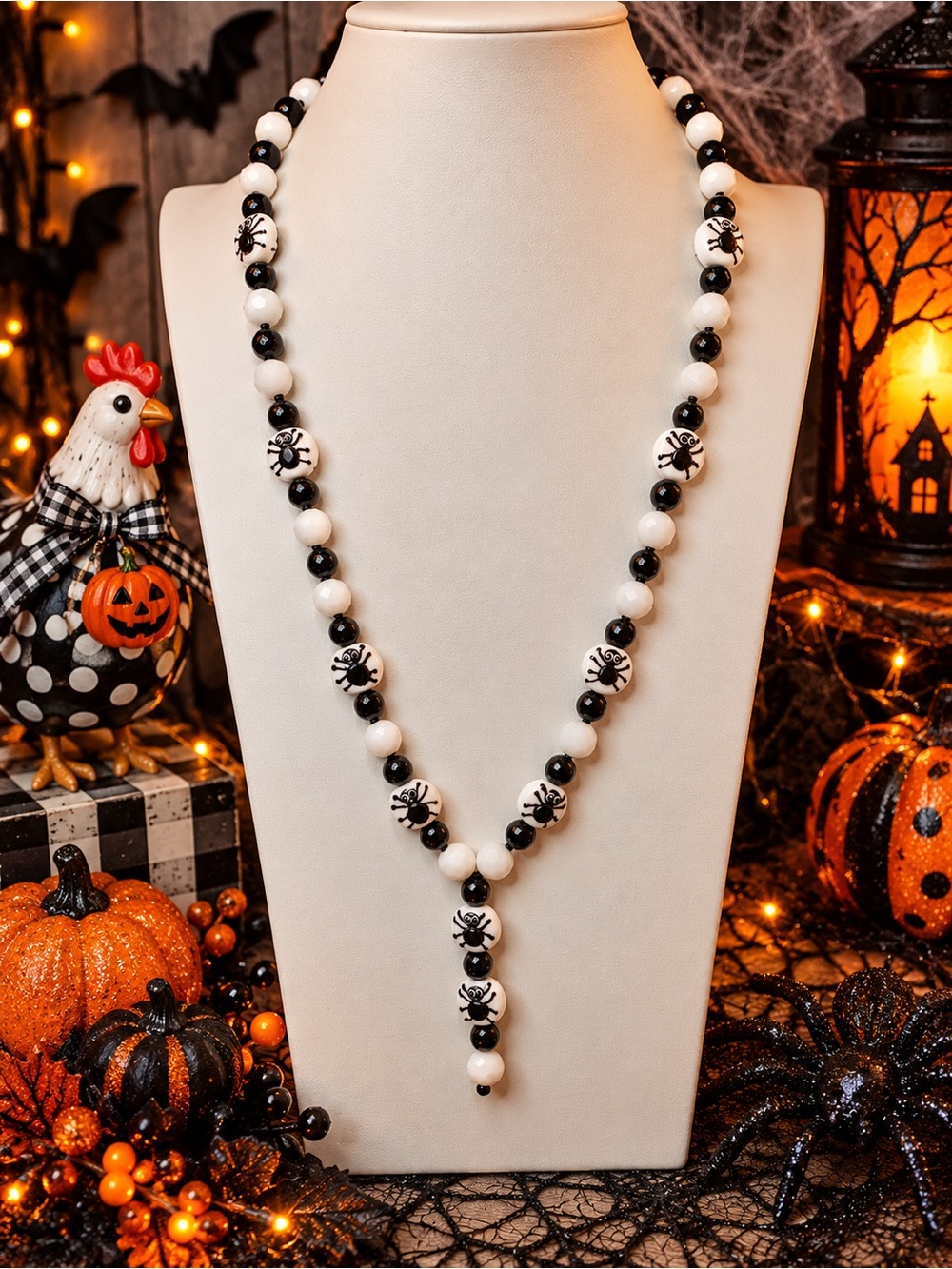 Halloween Spider Beaded Necklace - Black & White Aprilsplace handknotted